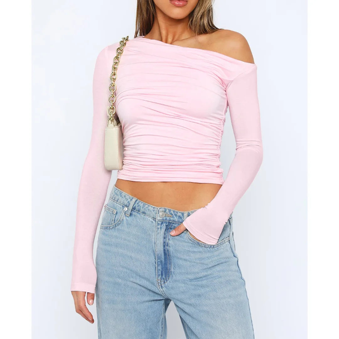 Women's Asymmetrical One-Shoulder Top - Ruched Fitted - Long Sleeve Cropped Stretchy