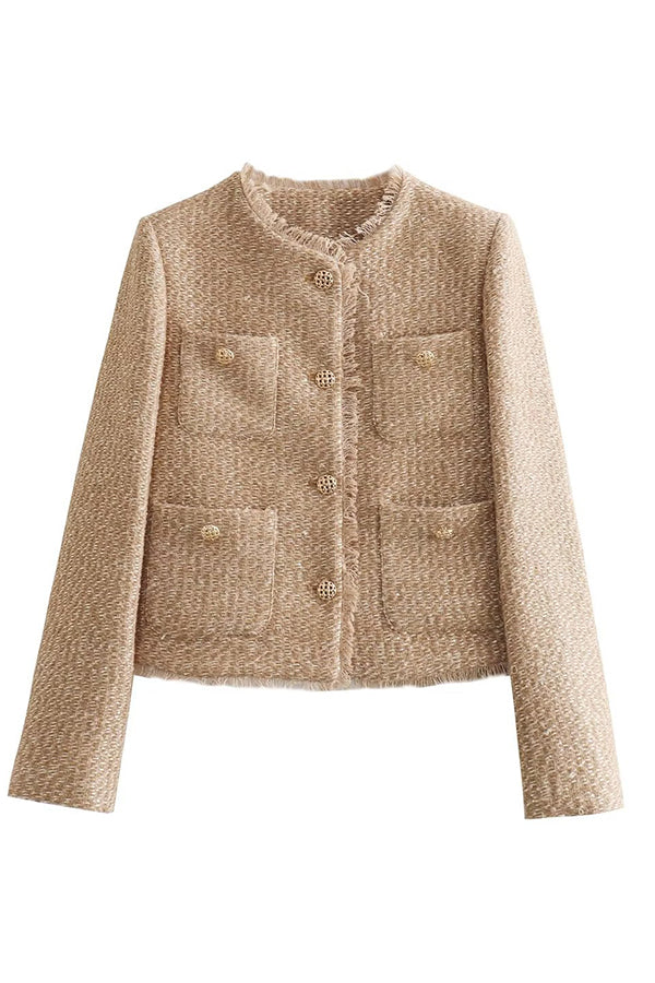 Fringe jacket for women with front pockets and design buttons