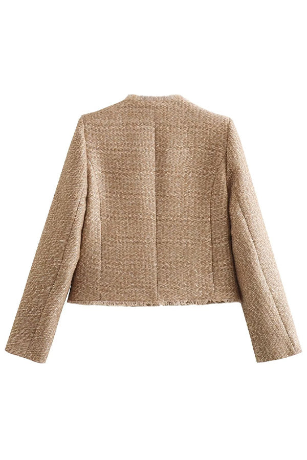 Fringe jacket for women with front pockets and design buttons