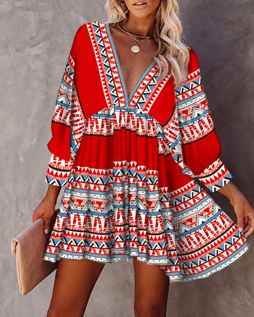 Women's Bohemian Mini Dress - Deep V-Neck - Flowy Fit - 3/4 Sleeve Casual Wear
