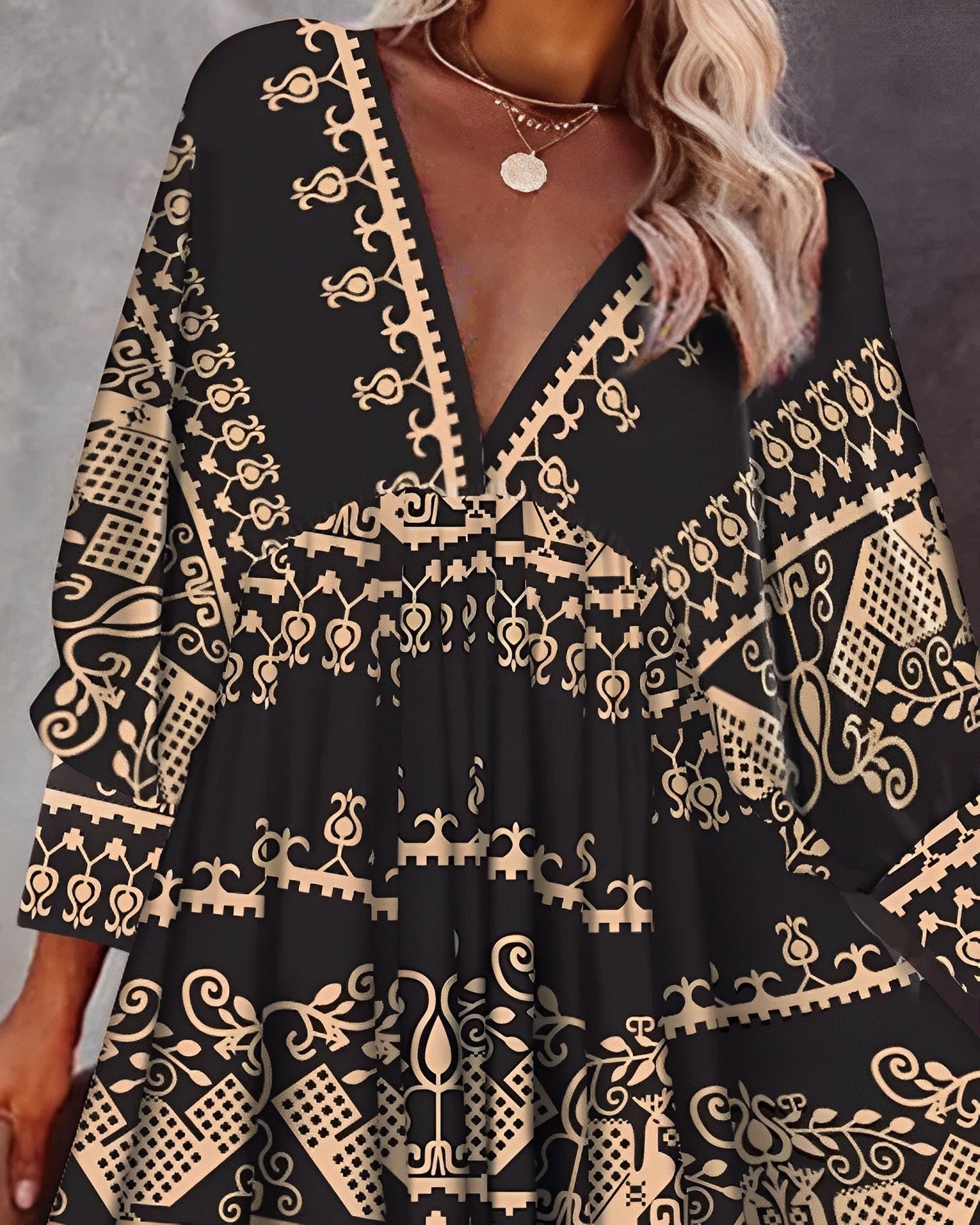 Women's Bohemian Mini Dress - Deep V-Neck - Flowy Fit - 3/4 Sleeve Casual Wear