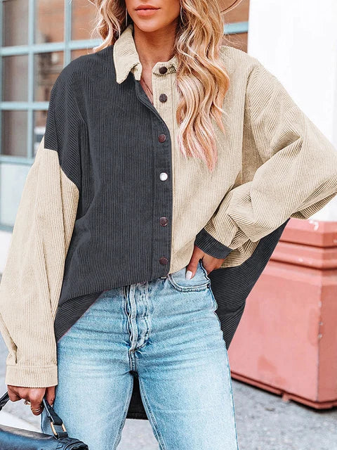 Women's color block ribbed loose shirt jacket