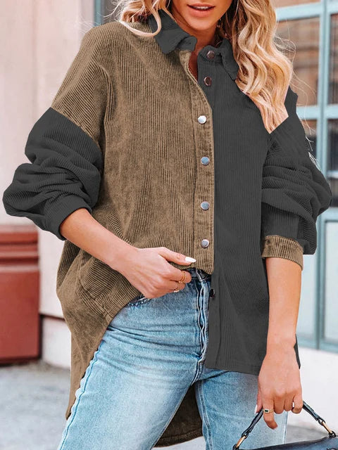 Women's color block ribbed loose shirt jacket