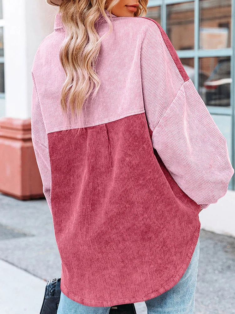 Women's color block ribbed loose shirt jacket