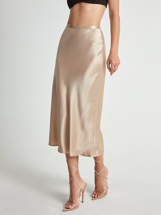 Glossy High-Waisted Flowy Midi Skirt