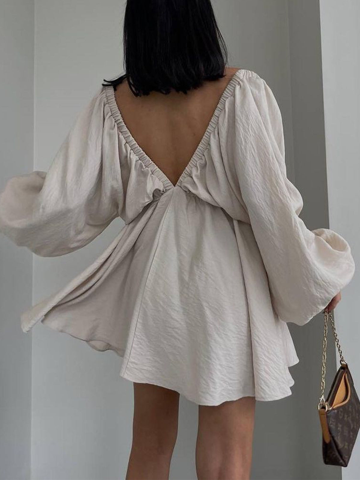 Women's V-Neck Dress - Empire Waist - Long Sleeve Flowing Lightweight Fabric