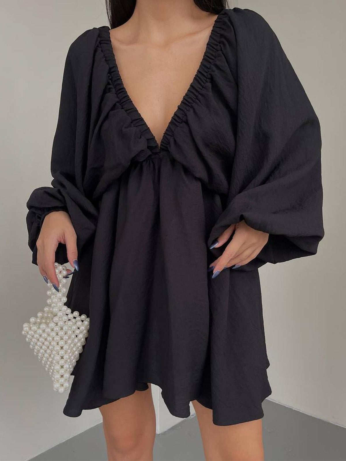 Women's V-Neck Dress - Empire Waist - Long Sleeve Flowing Lightweight Fabric