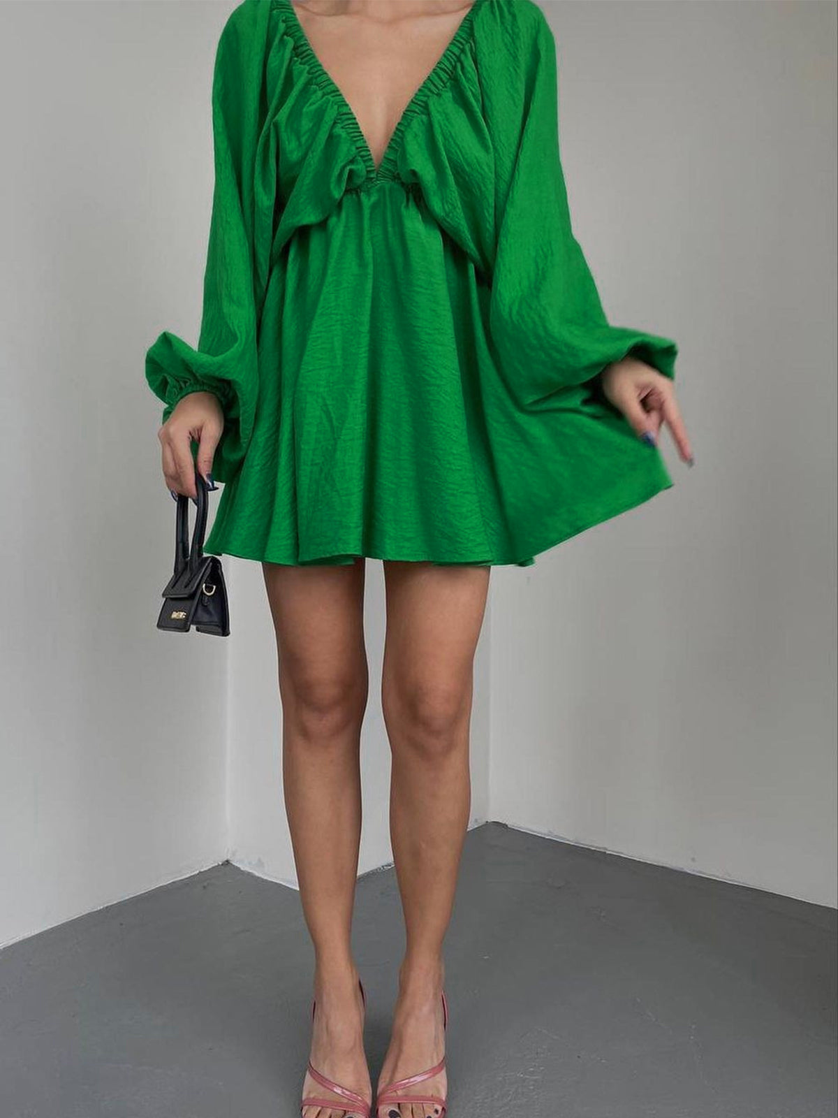 Women's V-Neck Dress - Empire Waist - Long Sleeve Flowing Lightweight Fabric
