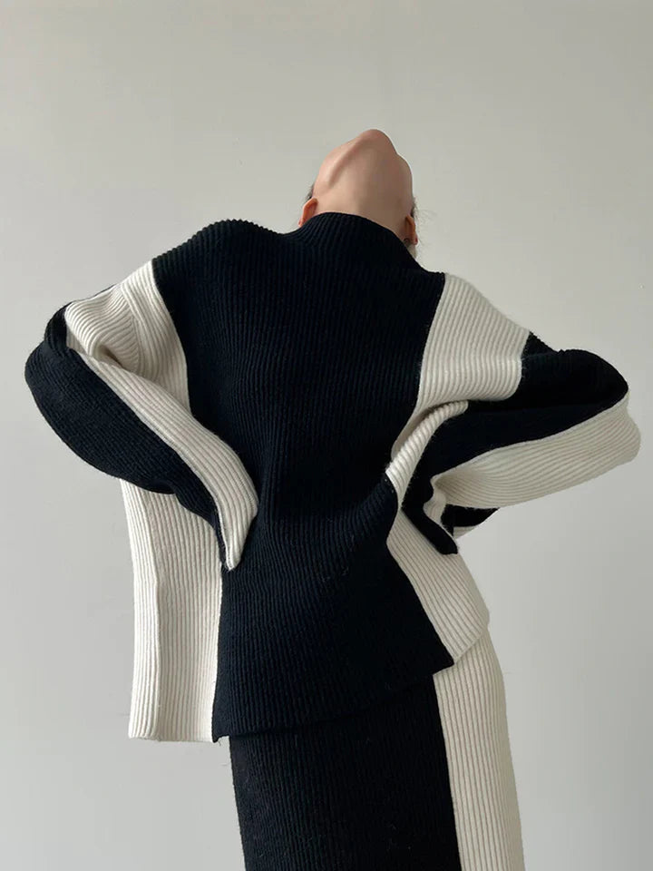 Women's color contrast high-neck sweater skirt set