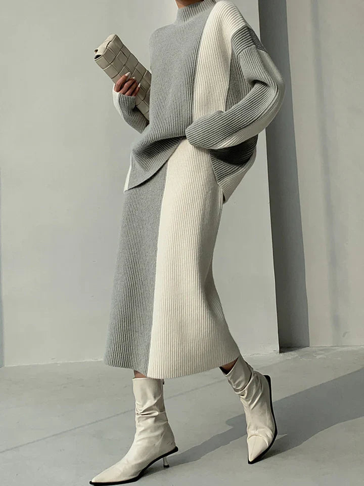 Women's color contrast high-neck sweater skirt set