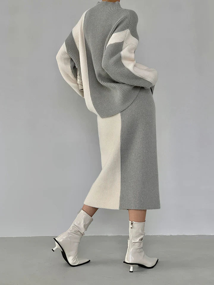 Women's color contrast high-neck sweater skirt set
