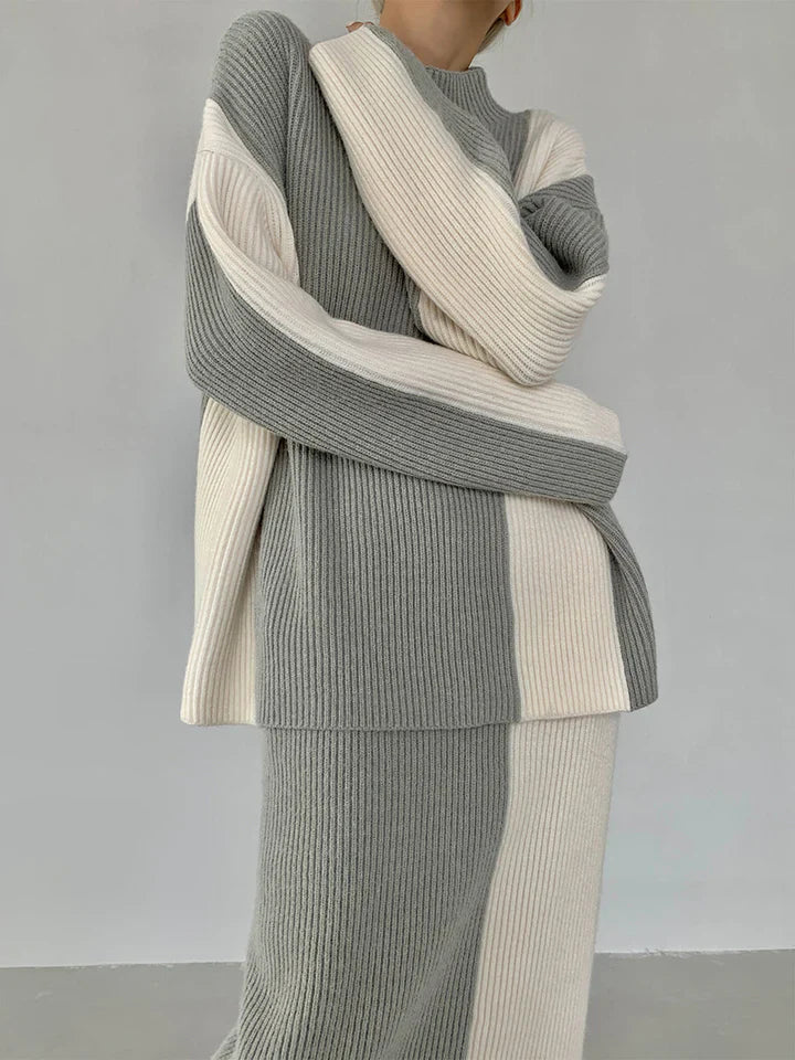 Women's color contrast high-neck sweater skirt set