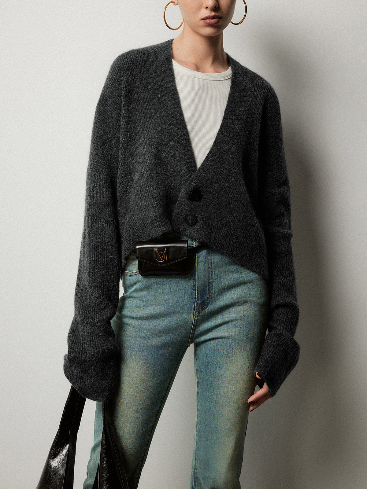 Women's Cropped Cardigan - Soft Knit - Oversized Fit - Button Front - V-Neck