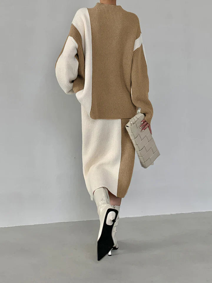 Women's color contrast high-neck sweater skirt set