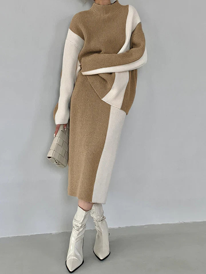 Women's color contrast high-neck sweater skirt set