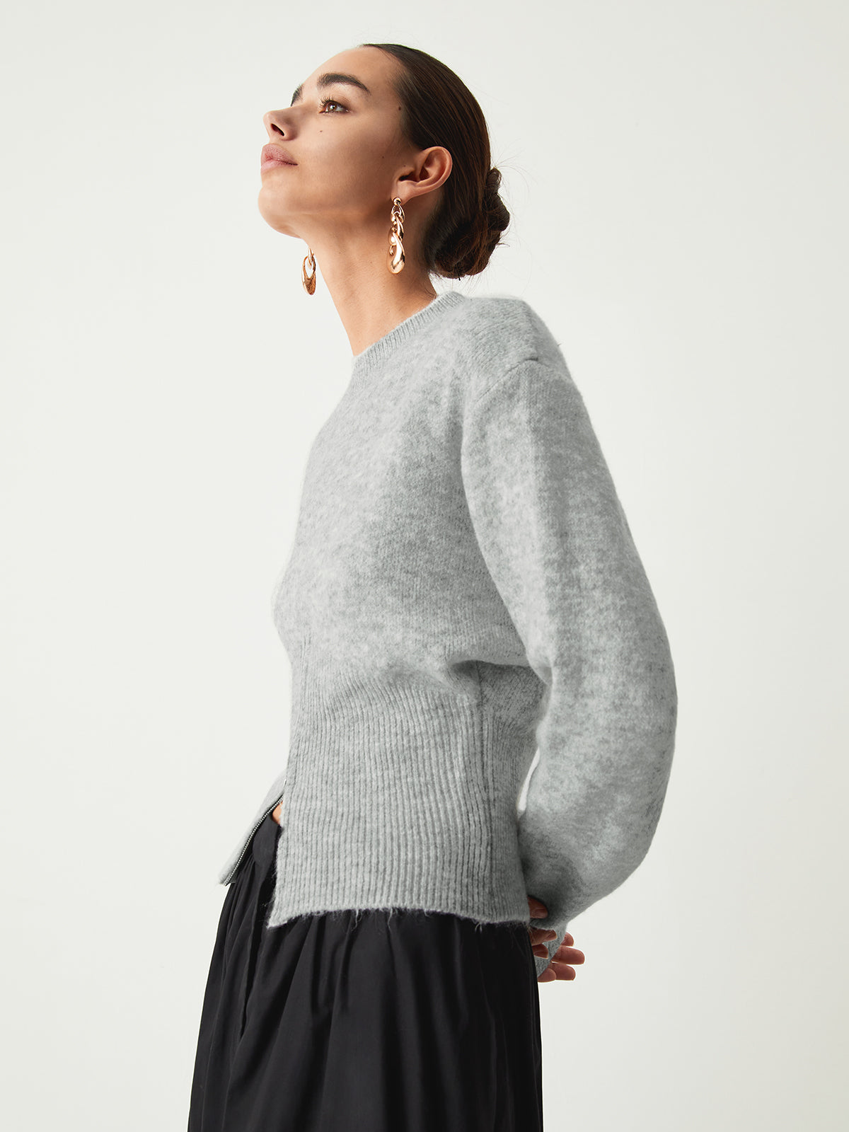Half zip fuzzy sweater for women with round neckline