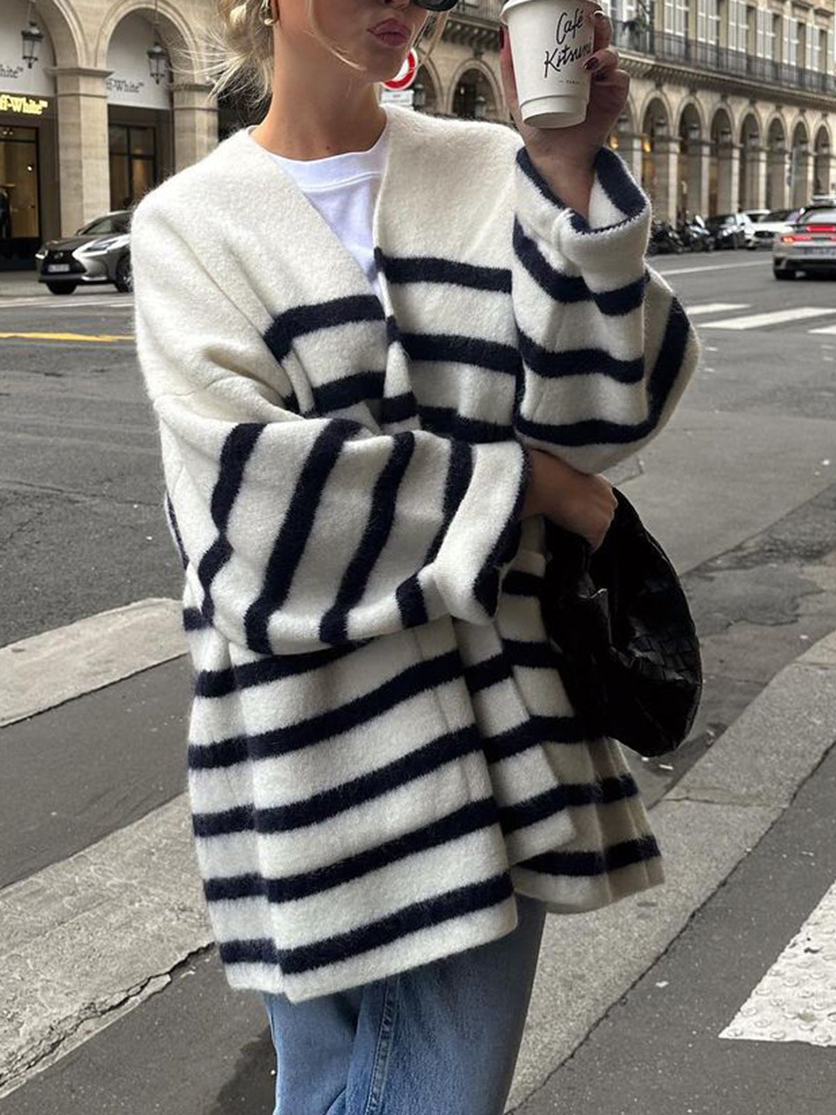 Knit oversized stripe pocket cardigan for women