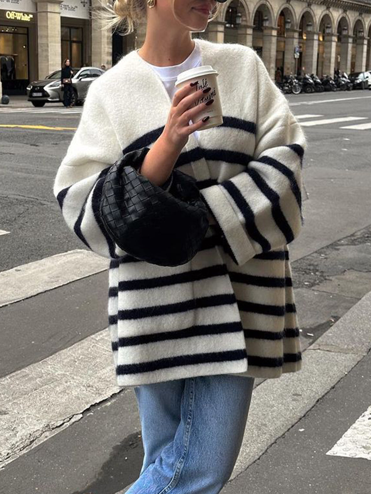 Knit oversized stripe pocket cardigan for women