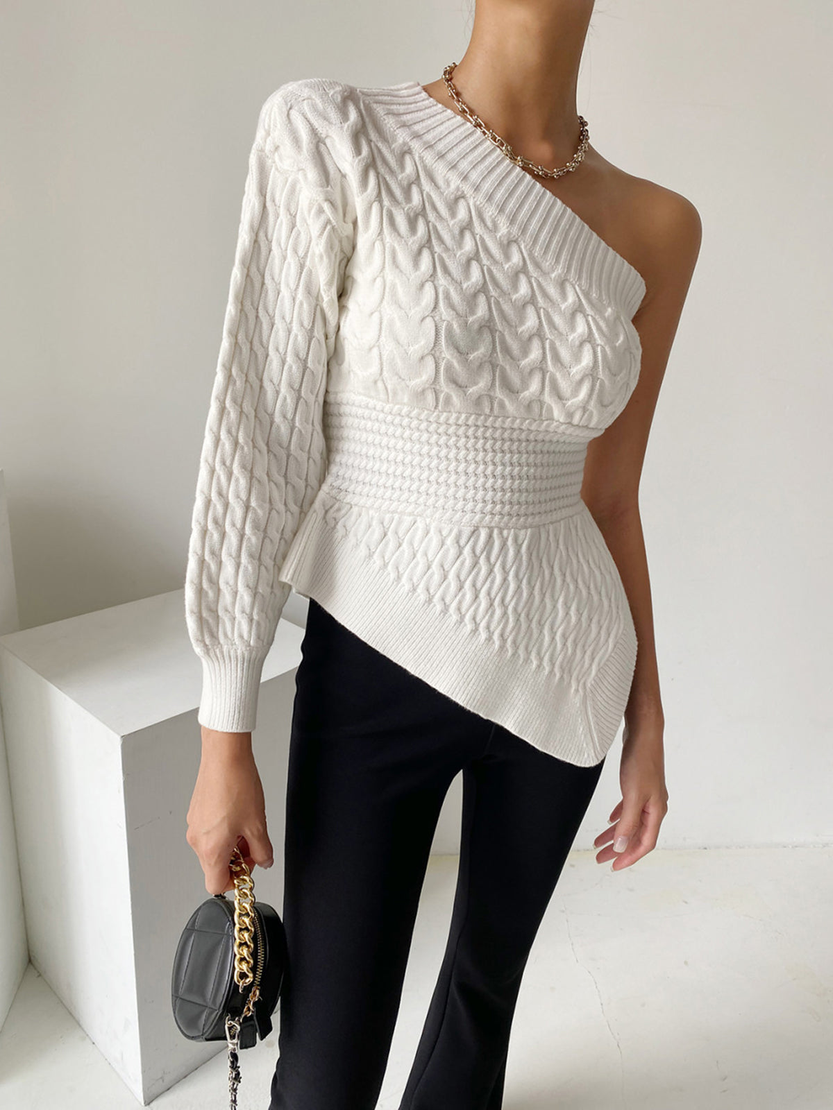 Asymmetrical Cable Knit One Shoulder Sweater