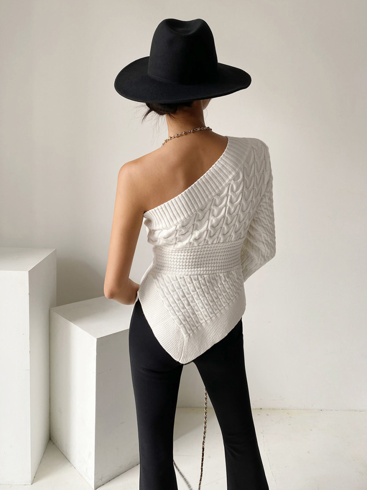 Asymmetrical Cable Knit One Shoulder Sweater