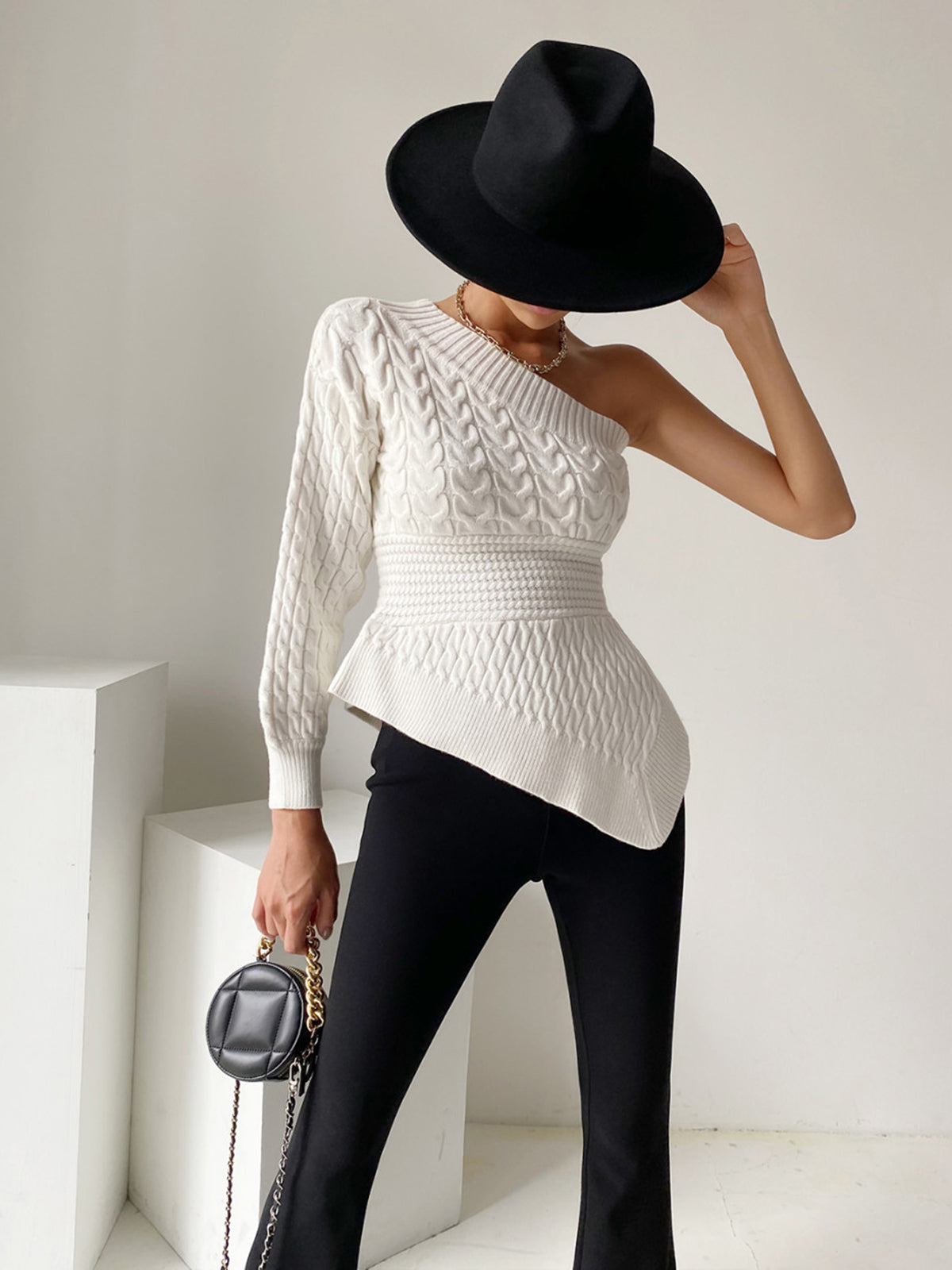 Stylish women's one shoulder asymmetrical cable knit sweater