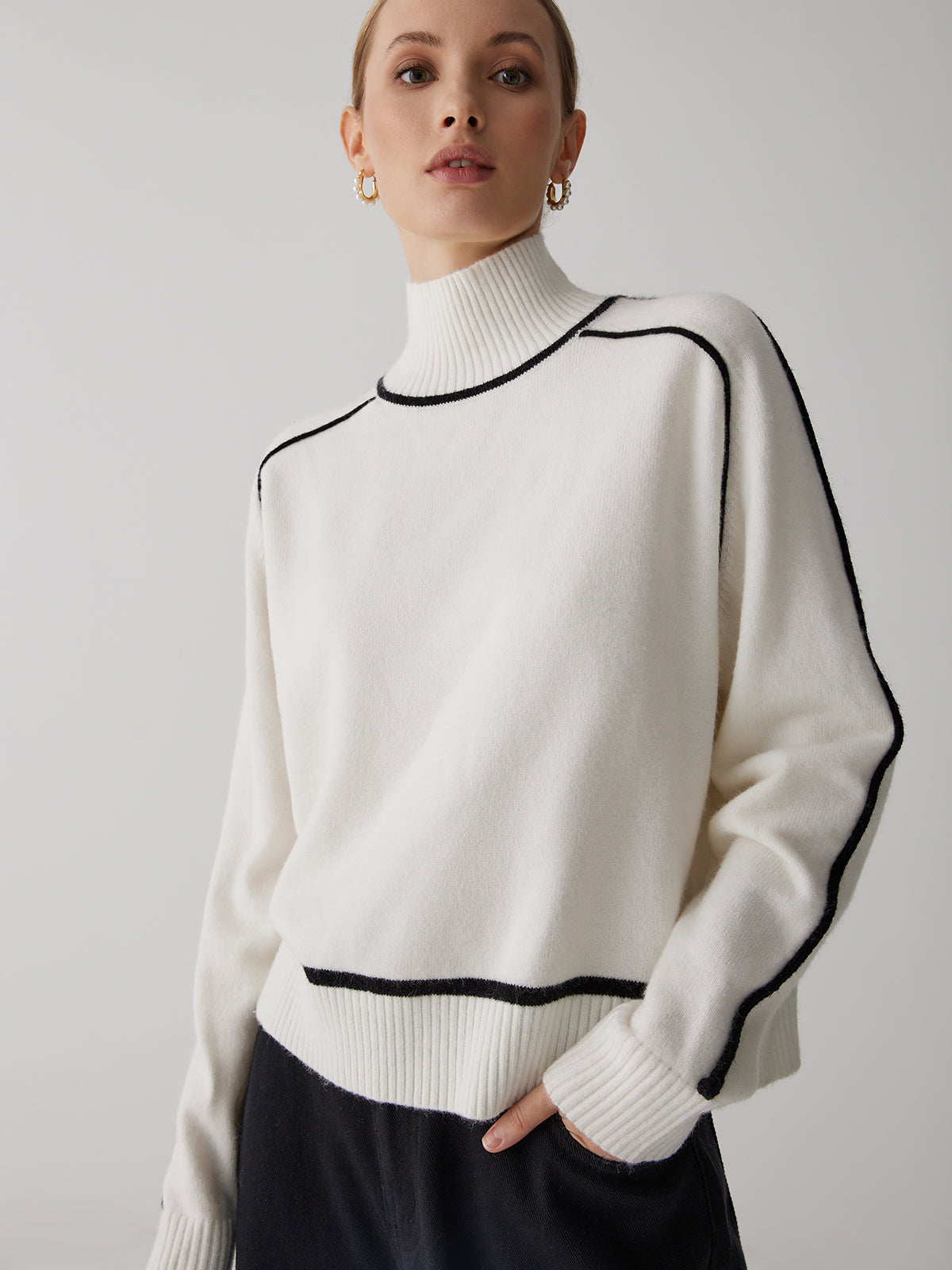 Stylish turtleneck long sleeve sweater with black striped design