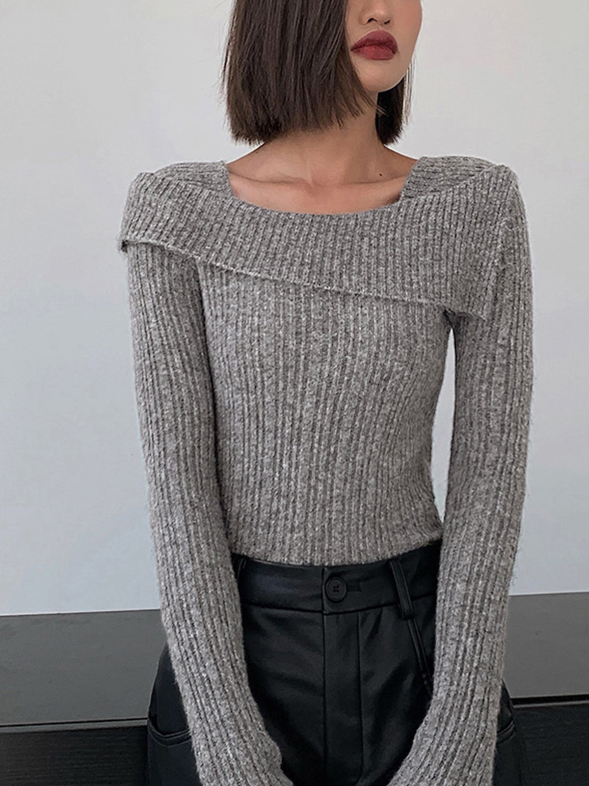 Asymmetric Square Neck Knit Long Sleeve Top