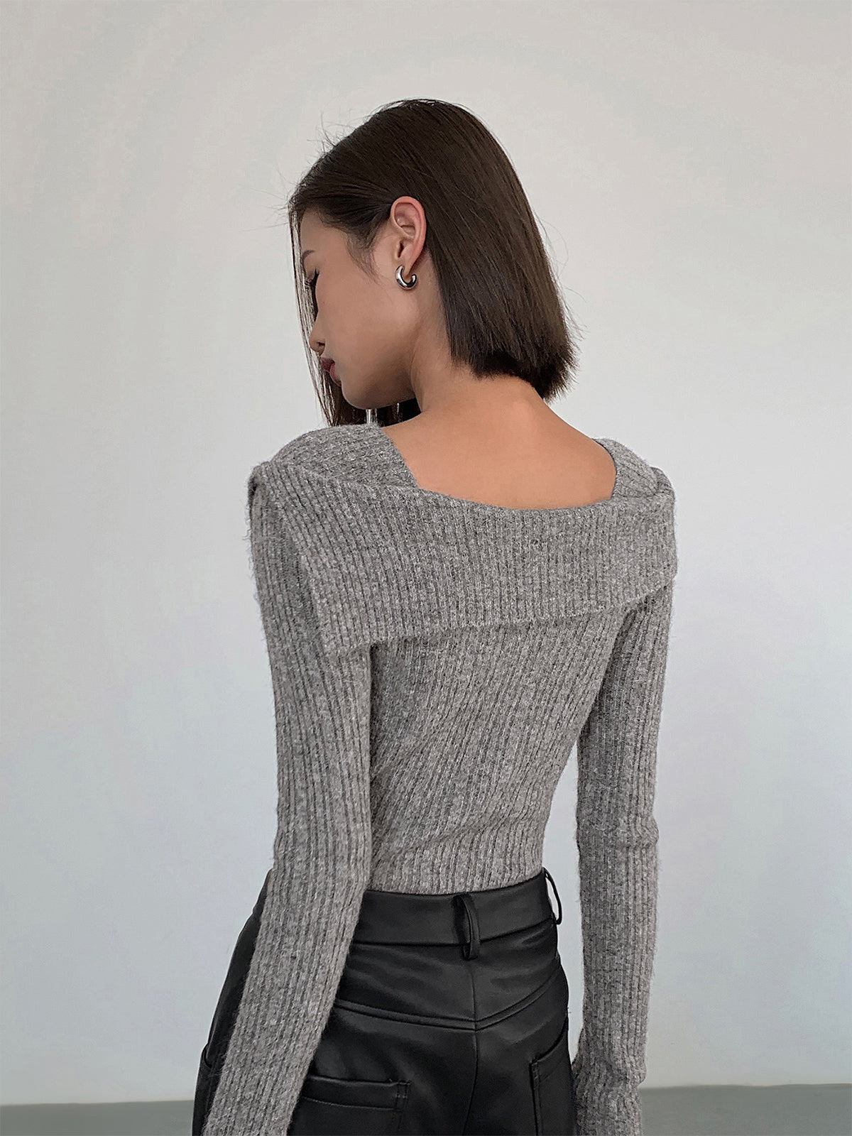 Asymmetric Square Neck Knit Long Sleeve Top