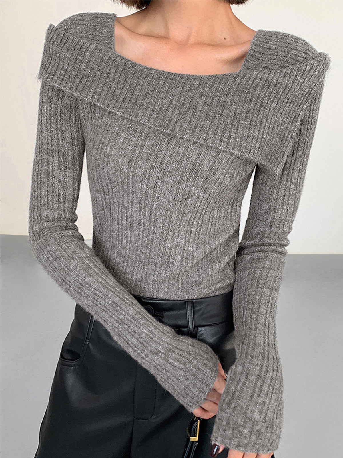 Women's asymmetric overfold square neck long sleeve knit top