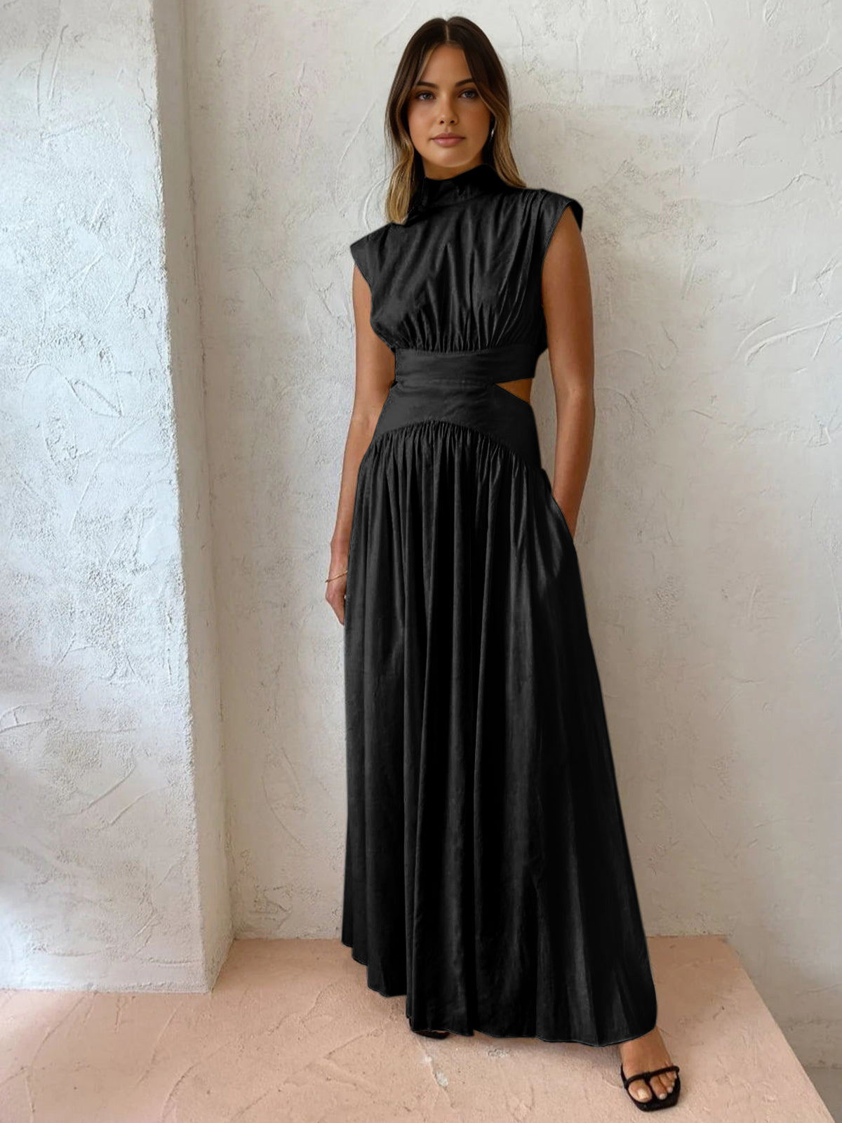 Long Dress with Mock Neck and Cut-Out Details