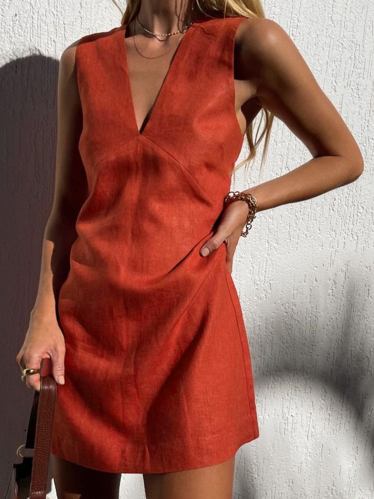 Women's Sleeveless Mini Dress - Deep V-Neck - Lightweight Linen Blend - Flowy Fit