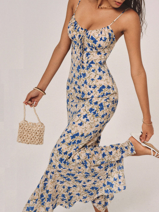 Floral Button Detail Asymmetrical Hem Dress