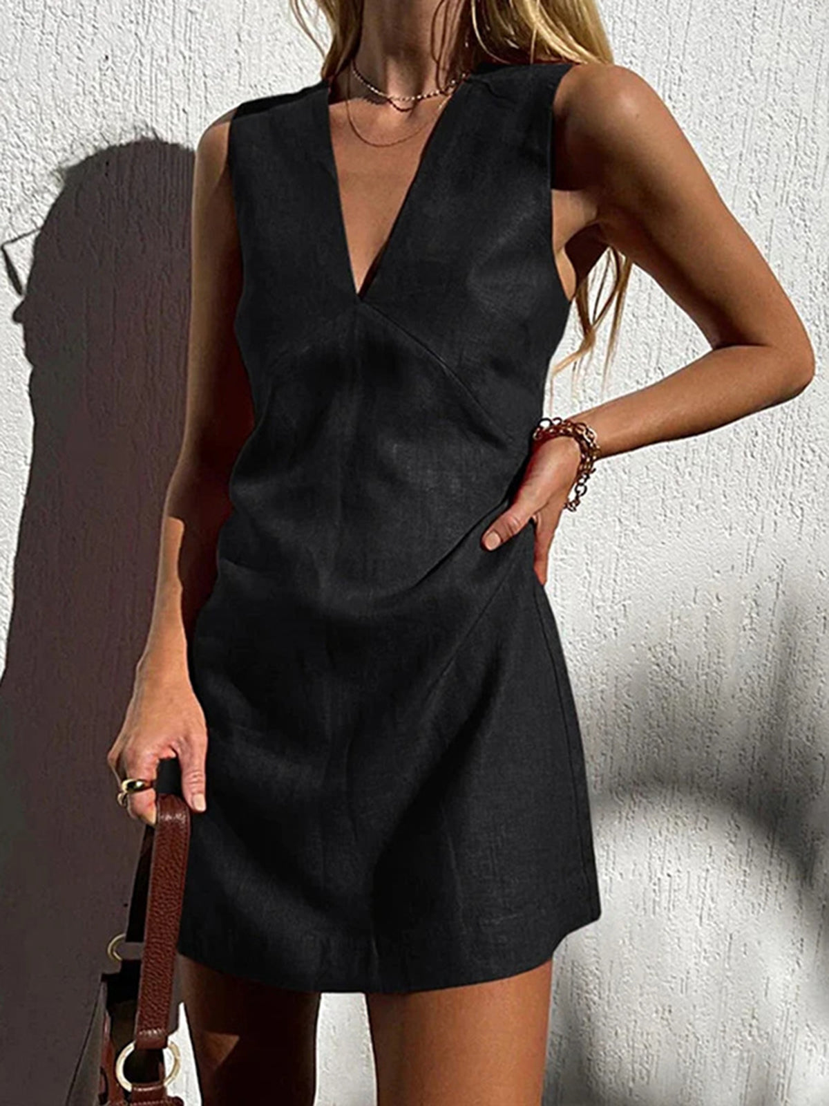 Women's Sleeveless Mini Dress - Deep V-Neck - Lightweight Linen Blend - Flowy Fit