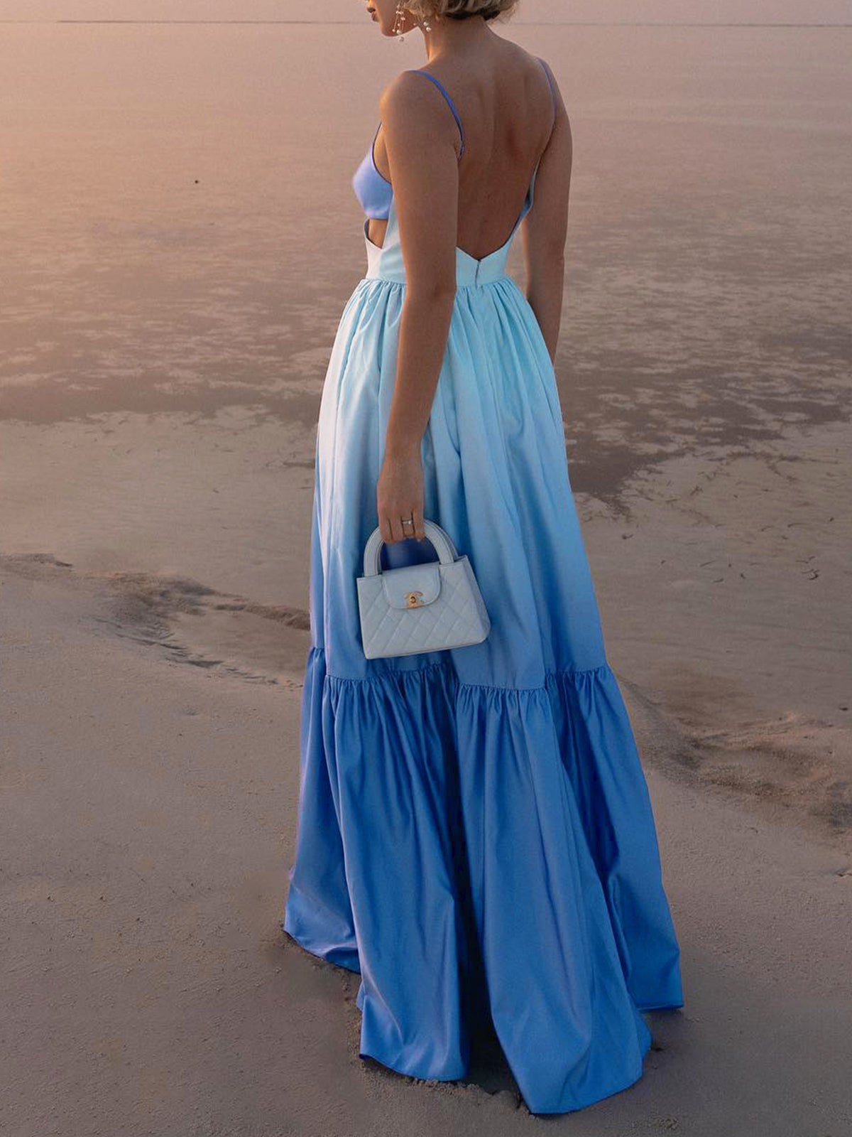 Women's Maxi Dress - Spaghetti Straps - Cut-Out Waist - Flowing Tiered Skirt
