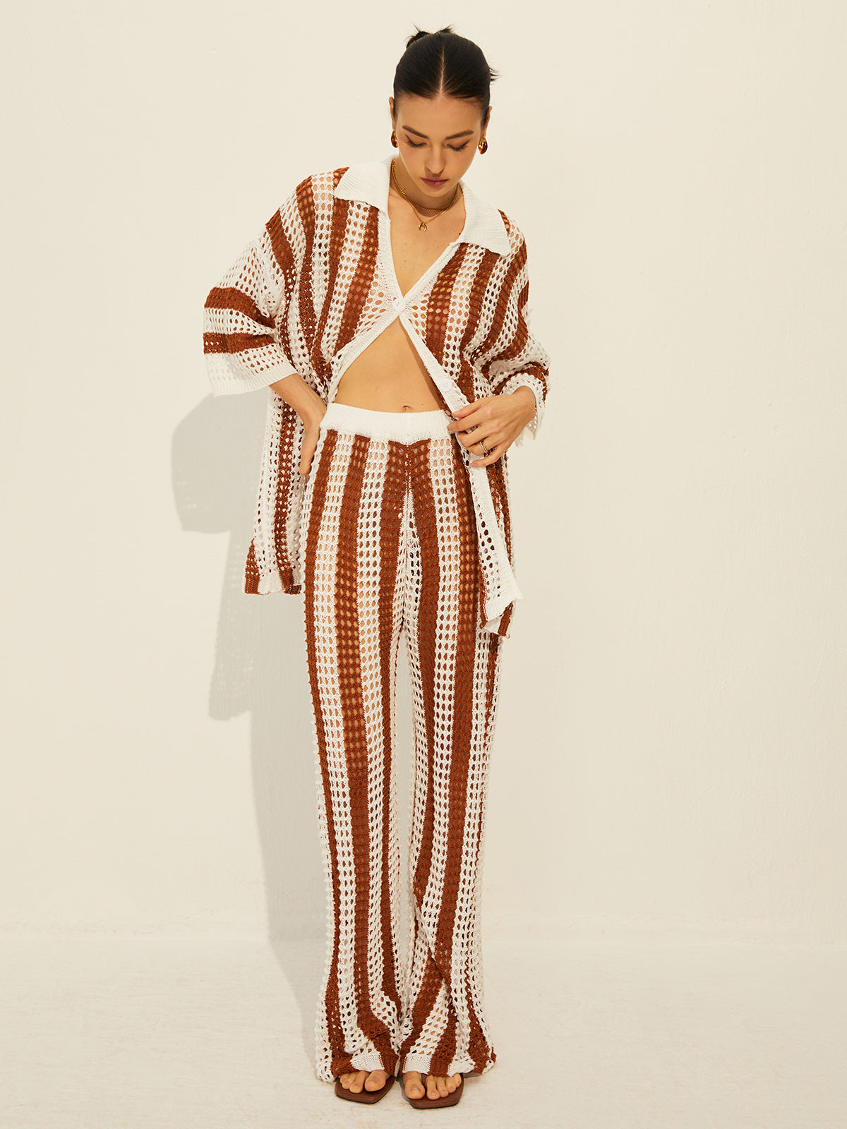 Women’s Crochet Knit Set – Relaxed Fit – Wide-Leg Pants – Breezy V-Neck Top