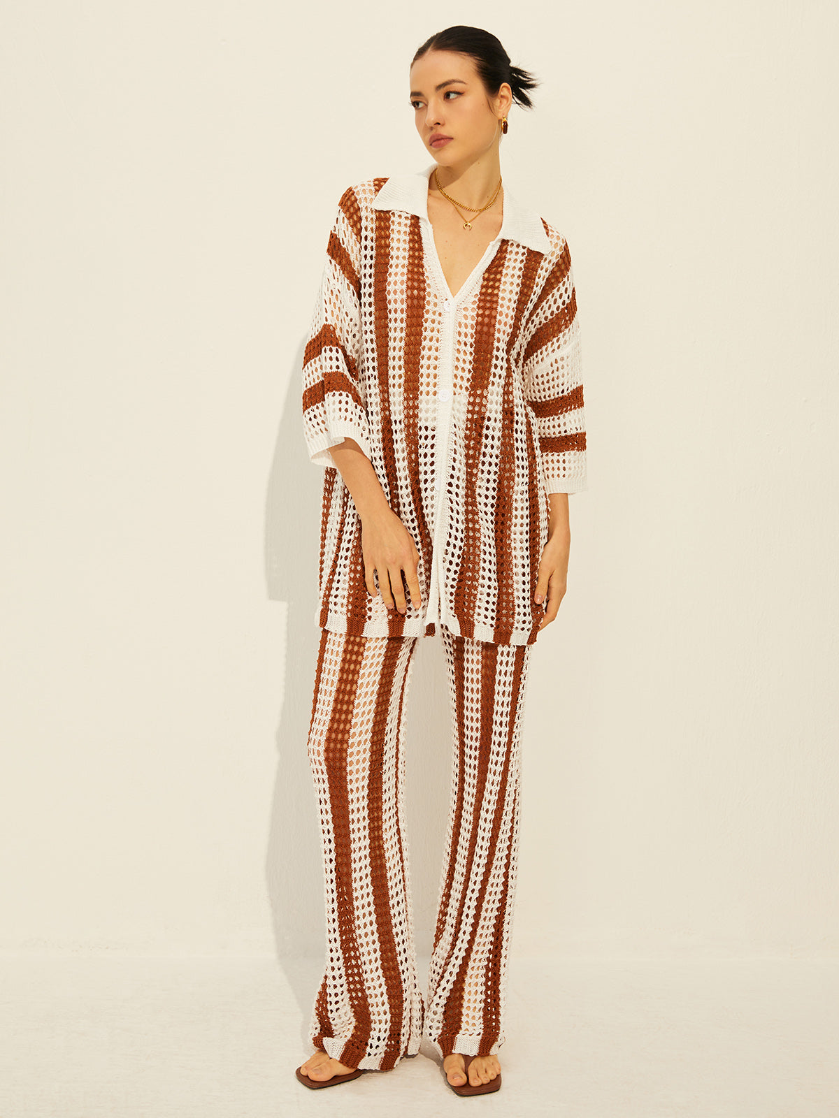 Women’s Crochet Knit Set – Relaxed Fit – Wide-Leg Pants – Breezy V-Neck Top