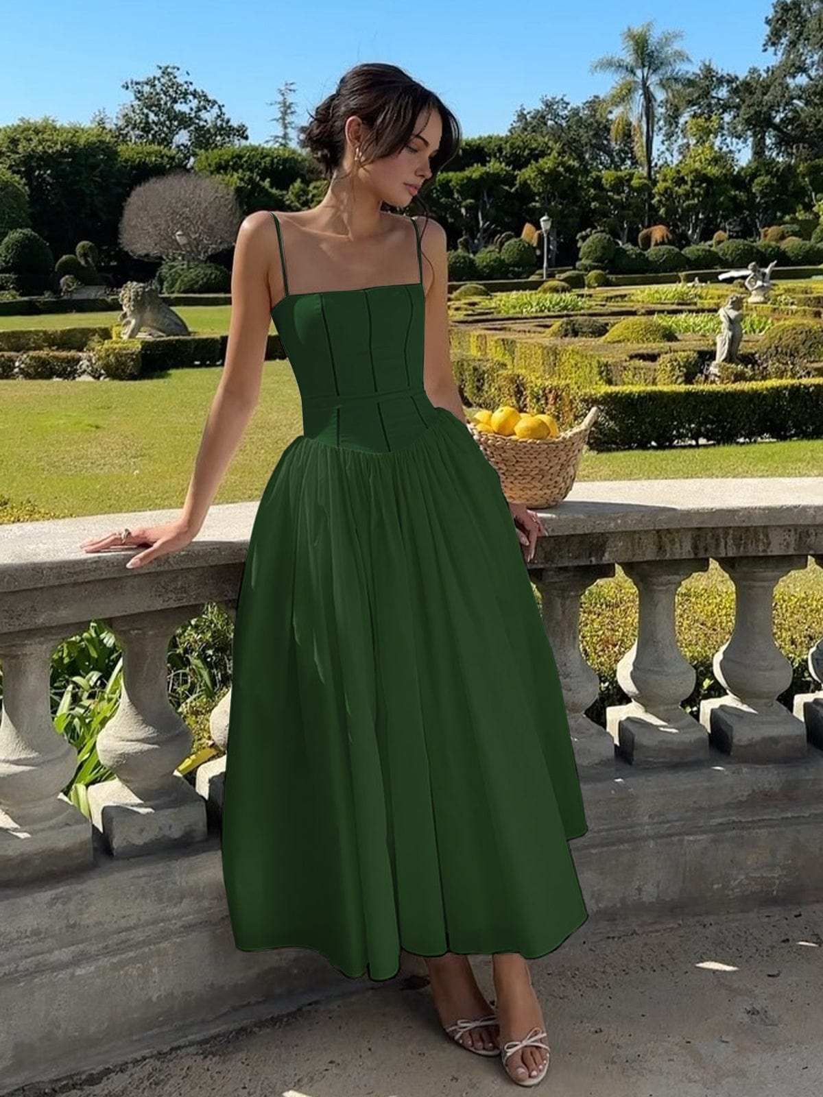 Women’s Long Dress – Satin-Like Fabric – Structured Bodice – Spaghetti Straps – A-Line Fit