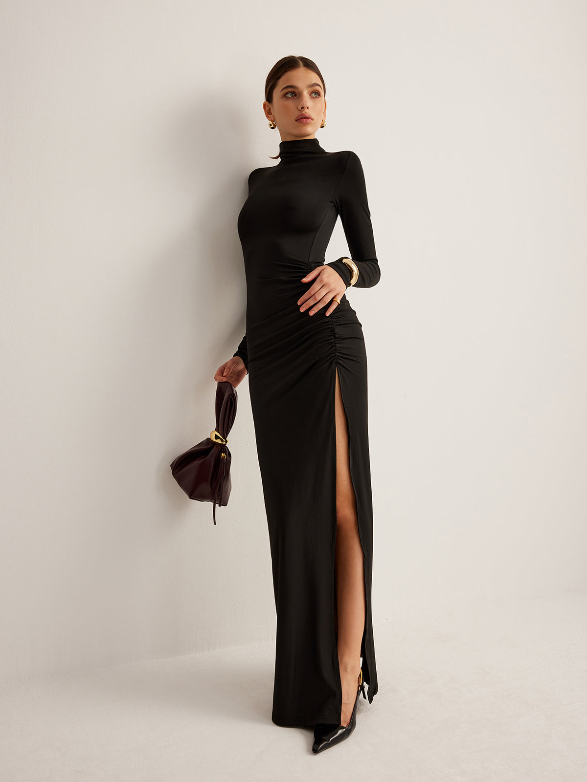 Women's Evening Gown - Turtleneck Long Sleeve - Ruched Waist High Slit Elegant Fit