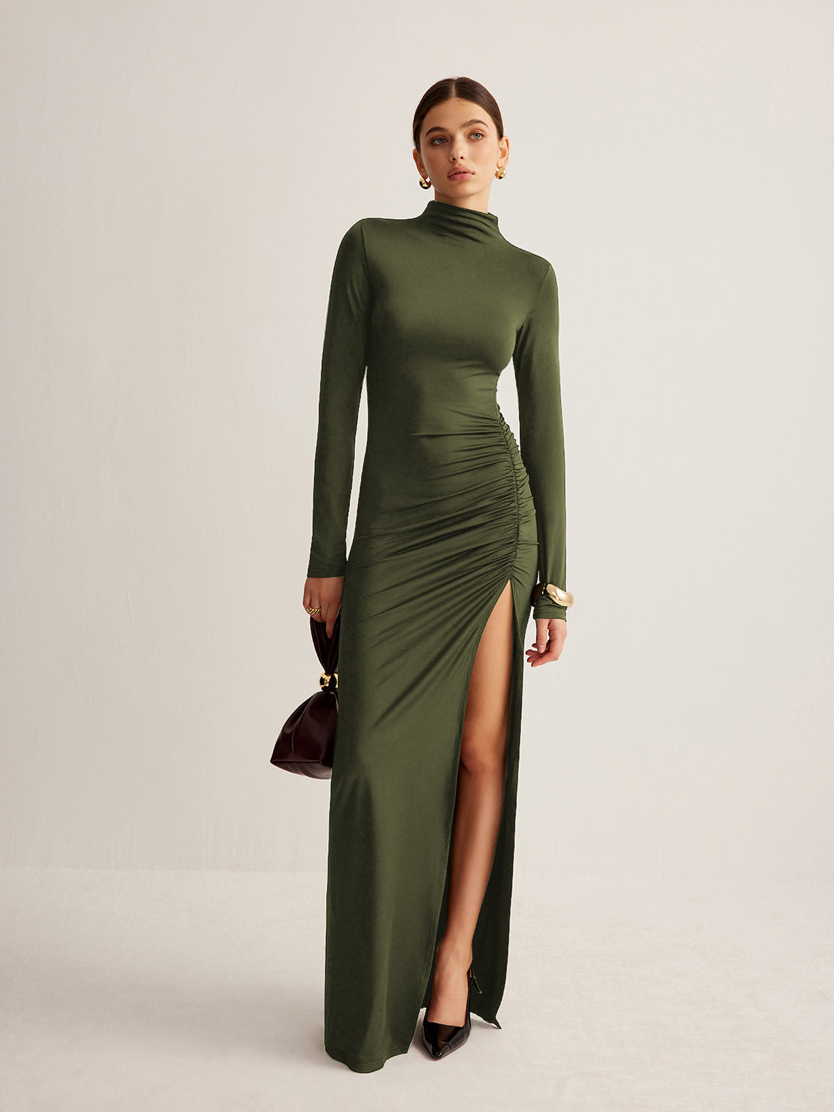 Women's Evening Gown - Turtleneck Long Sleeve - Ruched Waist High Slit Elegant Fit
