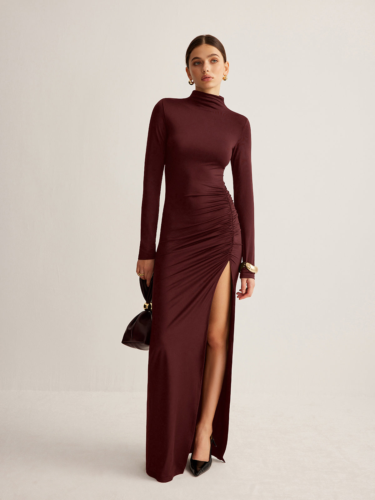 Women's Evening Gown - Turtleneck Long Sleeve - Ruched Waist High Slit Elegant Fit