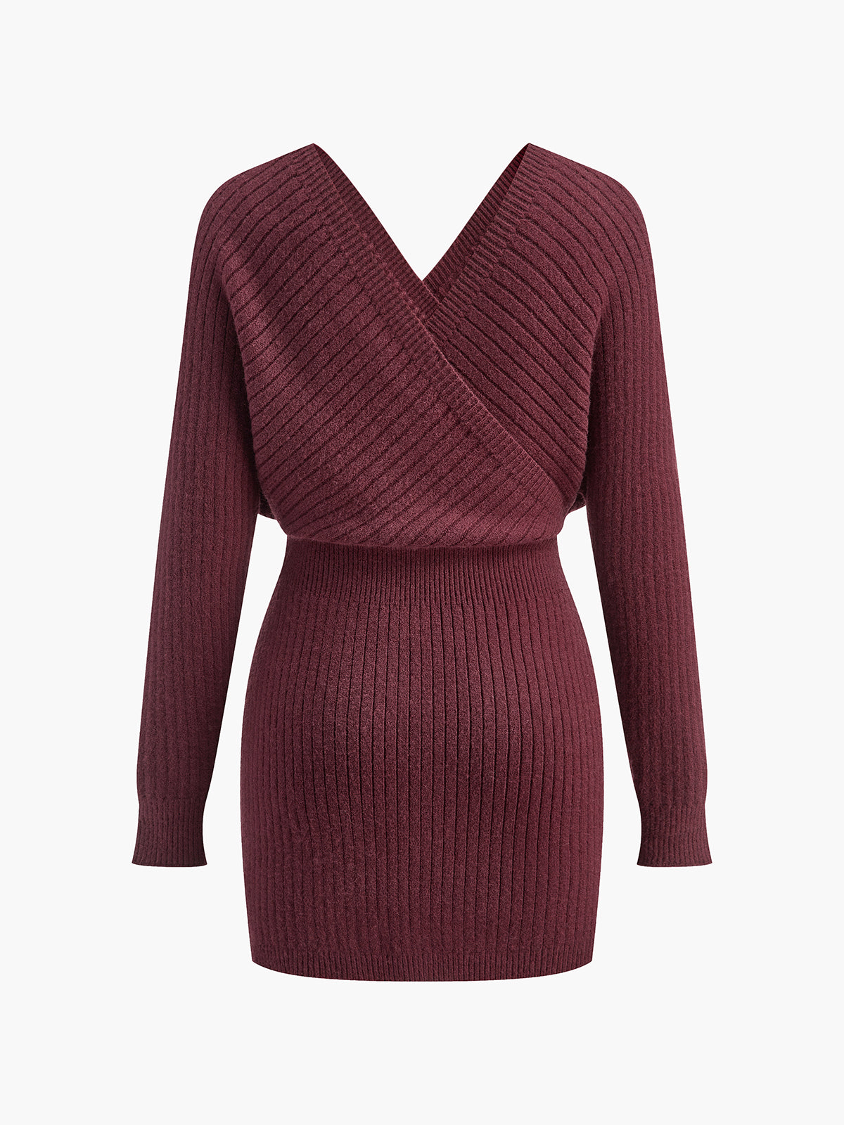 Women’s Knit Mini Dress - Ribbed Texture - Deep V-Neck - Long Sleeve Fitted Style