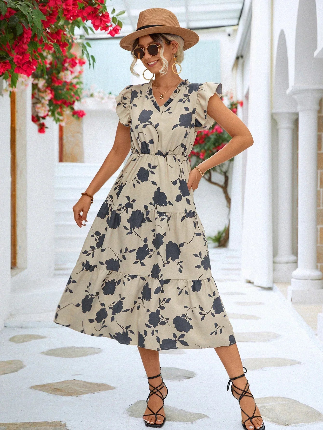Floral Print Flutter Sleeve Midi Dress