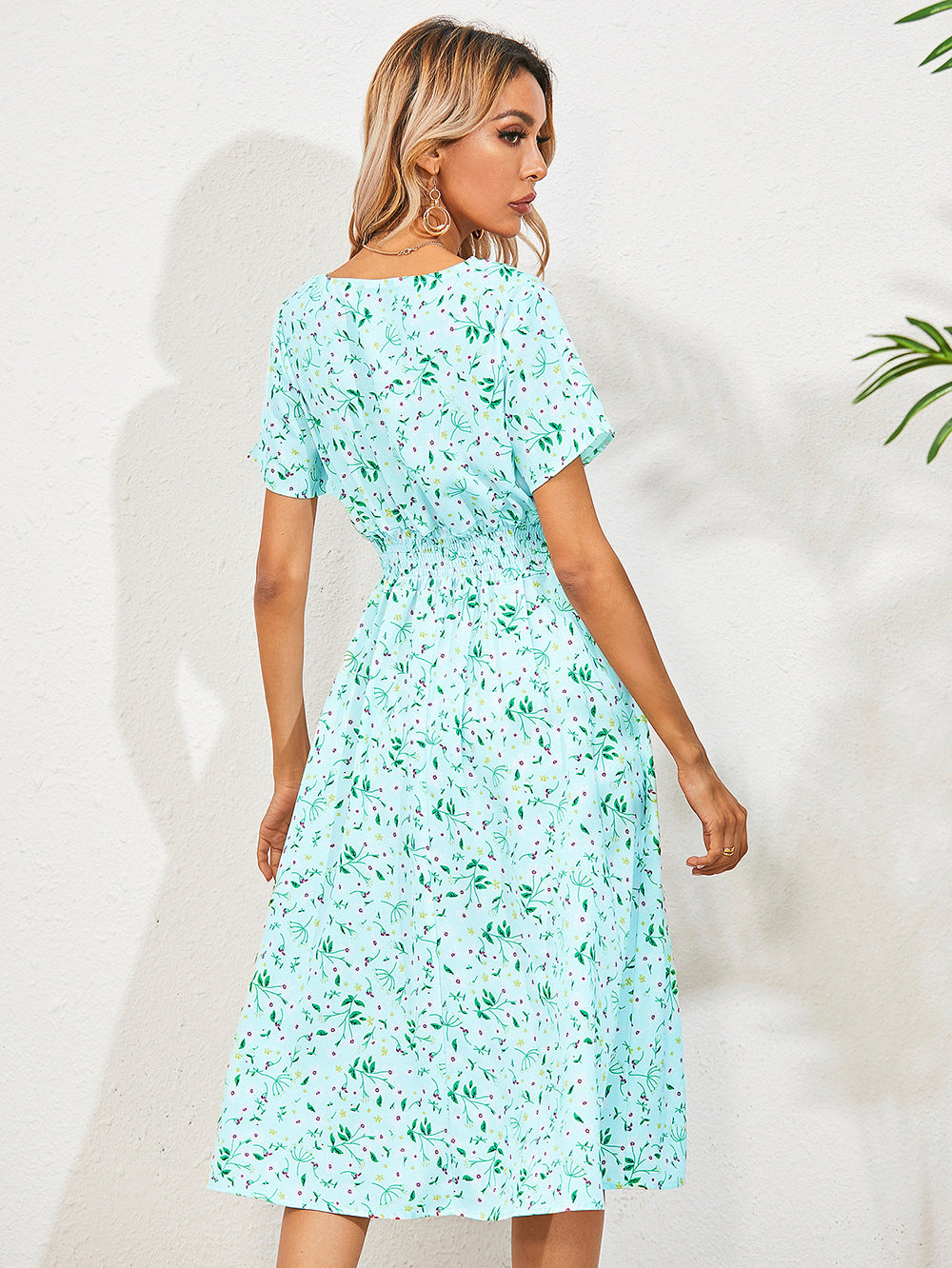 Floral Print Flowy Elastic Waist Midi Dress