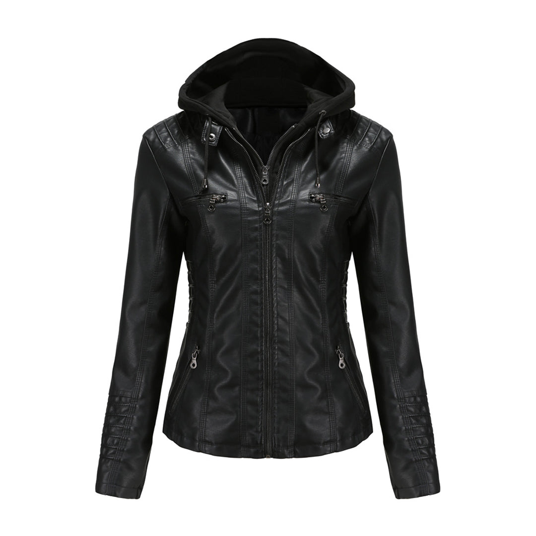 Faux Leather Hooded Zipper Moto Jacket