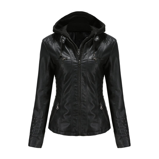 Faux Leather Hooded Zipper Moto Jacket