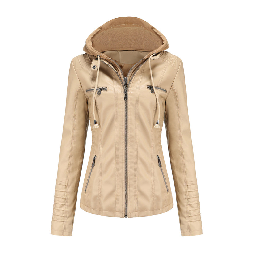 Women's faux leather hooded moto jacket with zipper pockets