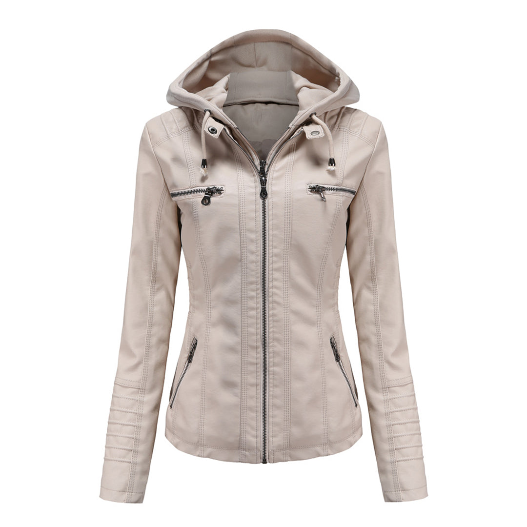 Faux Leather Hooded Zipper Moto Jacket