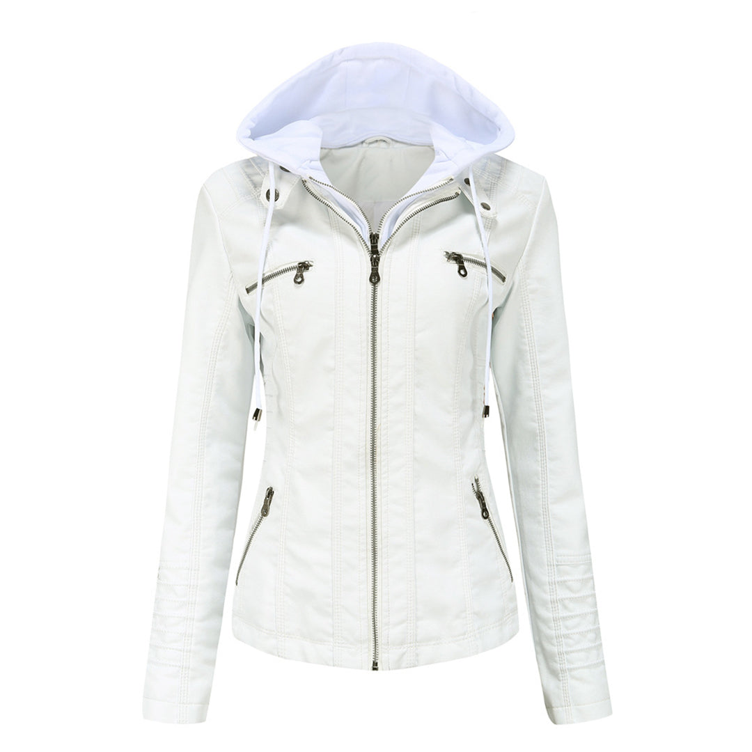 Faux Leather Hooded Zipper Moto Jacket
