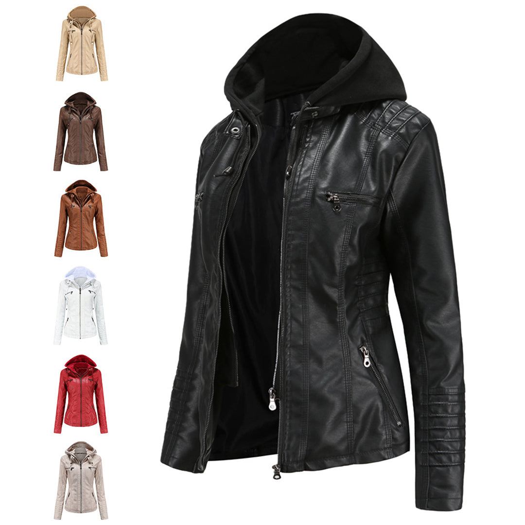Faux Leather Hooded Zipper Moto Jacket