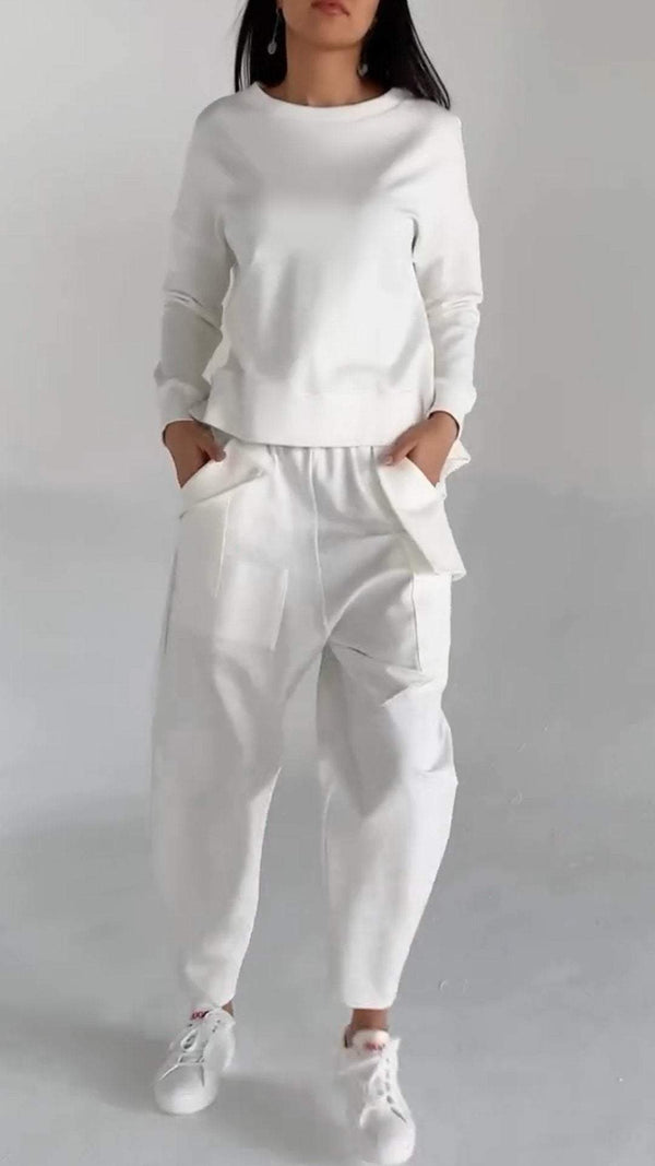 Women's Two-Piece Lounge Set - Loose Fit Long-Sleeve Top & Tapered Pants - Casual Wear